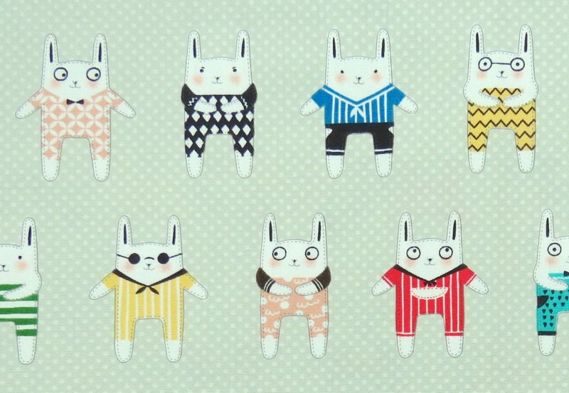 2558C Lovely Rabbit Line Fabric in Lt. Green , Rabbit Fabric , Bunny