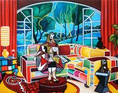 Original Oil Painting, Picasso Inspired, Picasso Woman Sitting on Patchwork Sofa, Striped Lampshade, Forest Trees, K Madison Moore Original Oil Painting, Picasso Inspired, Picasso Woman Sitting on Patchwork Sofa, Striped Lampshade, Forest Trees, K Madison Moore