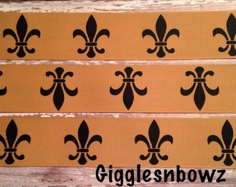Grosgrain Ribbon 5 yards 1.5 Inch Black Fleur de Lis on Golden Tan GROSGRAIN Ribbon for Hair Bows sports Scrapbooking Football Cheer Craft