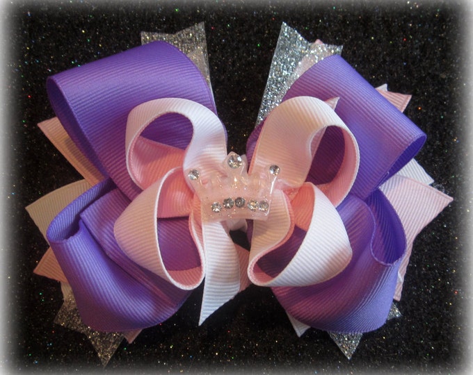 Princess Crown Hairbow, Tiara bow, Triple Layered Hair Bow, Stacked bows, Boutique hairbow, Lavender purple bow, Baby Headband, Glitter Bow