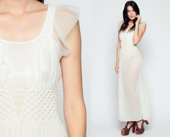 Lingerie Slip Dress 70s Maxi Boho Sheer Nightgown Flutter