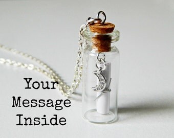 Personalized Jewelry Message in a Bottle Necklace Custom Message Moon Charm Silver Chain Womens accessory mom gift girlfriend present