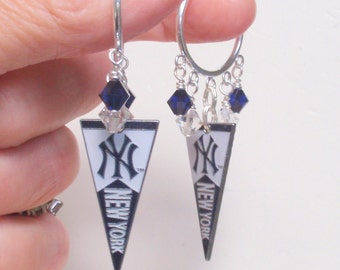 NY Yankees Earrings, Yankees Bling, The Pennant Race is On Pro Baseball Earrings, Navy Crystal Baseball Yankees Jewelry Accessory