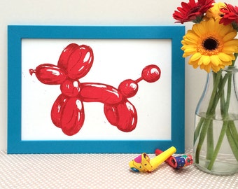 Balloon Dog Linocut Print, Original lino print, wall art, Kid's bedroom art, office wall art, Jeff Koons inspired, Party themed art,