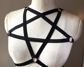 Pentagram Harness Burlesque Frame Bra Cage Halter Silver Hardware Choose a Colour of Elastic Made to Order