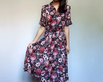 80s Floral Dress Pockets Vintage 1980s Pixelated Print Short Sleeve Casual Fall Dress - Medium M