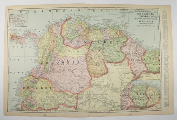 Venezuela Map Colombia Ecuador Map 1902 Vintage Map Bahama