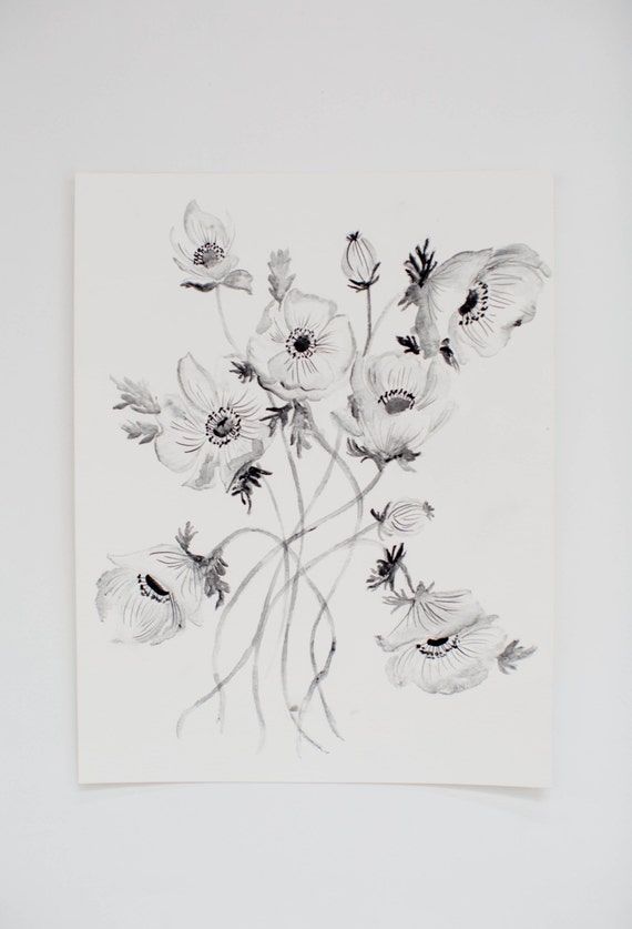 Greyscale Botanicals 01 Poppies Floral Prints 8 x 10
