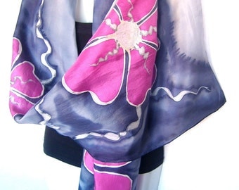Hand Painted Silk Scarf, Medium Gray Anthracite Dusty Pink, Floral Silk Scarf, 71" x 18", Gift Under 50