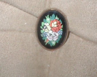 Antique Edwardian Handpainted Onyx Brooch