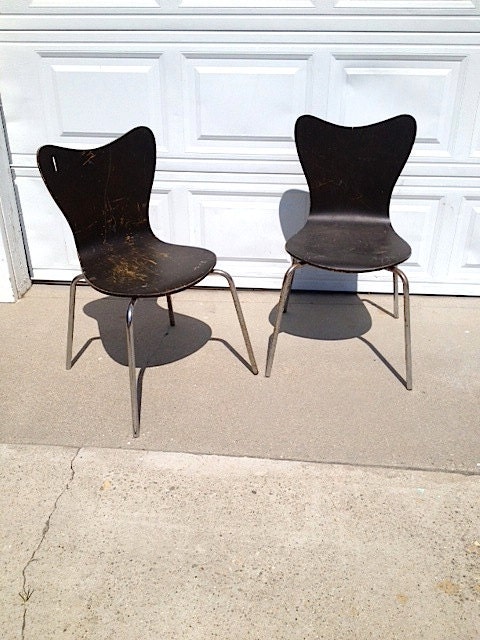 Molded Wood Chairs Chrome Legs Mid Century Mod Style Brown Stackable