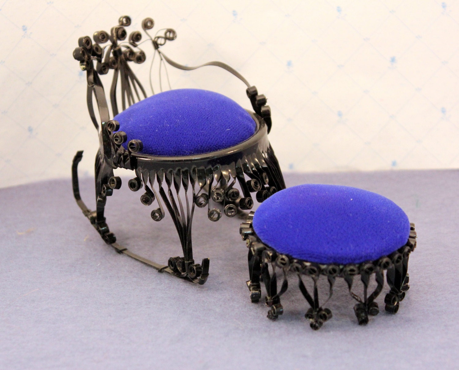 Folk Tramp Art Tin Can Miniature Chair w Stool Pincushion Blue Velvet