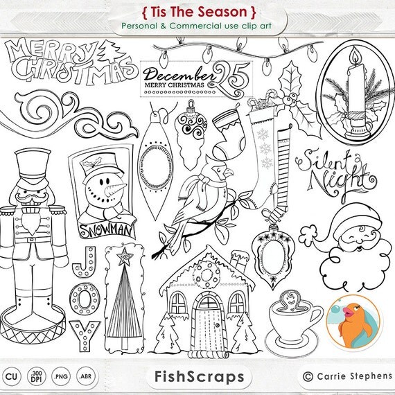 Christmas Line Art, Tis the Season ClipArt, Digital Graphics, Photoshop Brush, Nutcracker - Santa - Christmas Tree Il_570xn