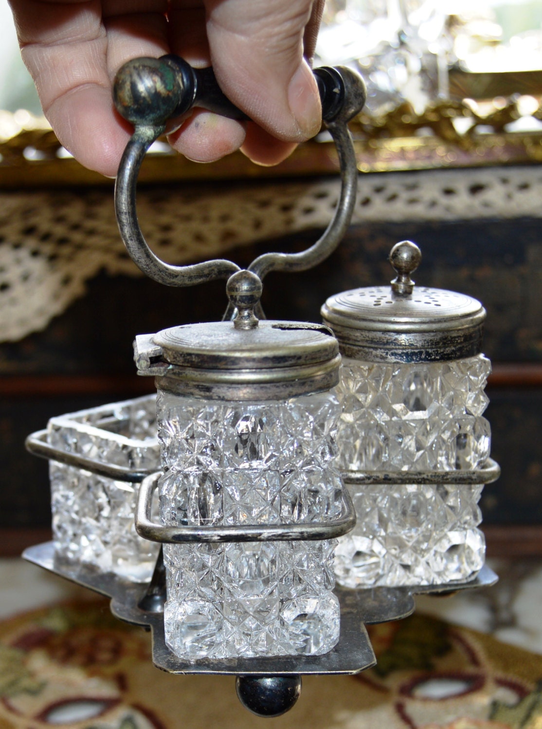 Vintage Silver Condiment Holder Caddy Butler Serving Set with Crystal