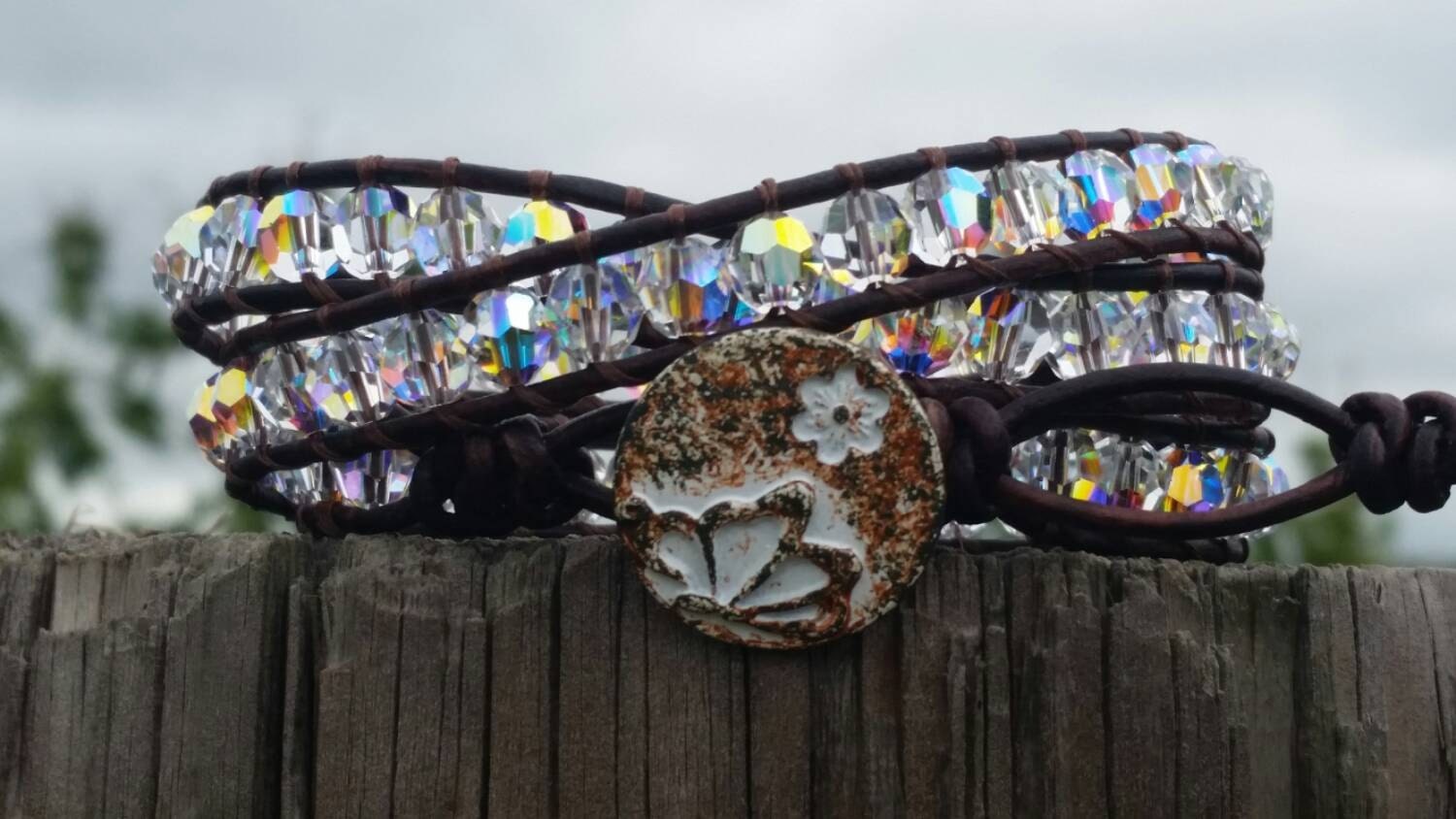 Leather double wrap bracelet Swarovski crystals soft leather