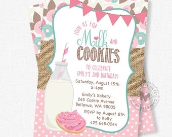 Milk and Cookies Birthday Invitation, Milk and Cookies Invitation, Sugar Cookie Invitation, Burlap Birthday Invitation, Pink Cookie Party