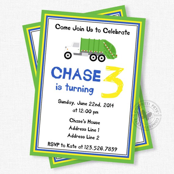 Garbage Truck Invitations, Garbage Truck Birthday Invitation, Garbage