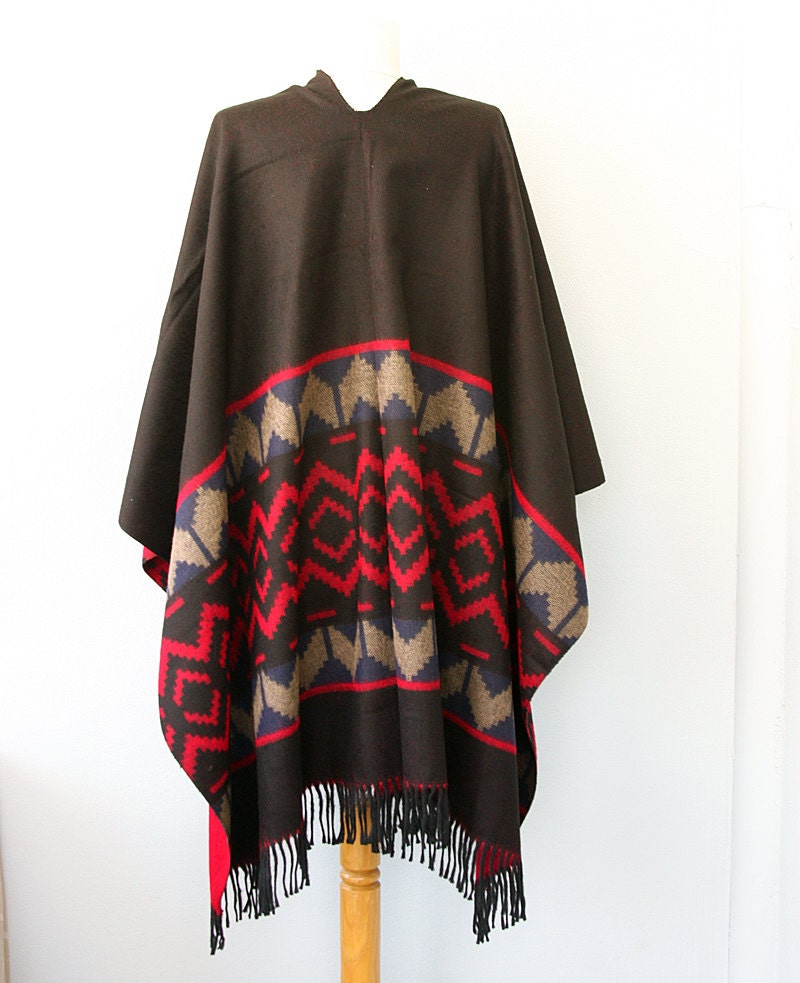 Red poncho Reversible mexican poncho Winter fashion Native