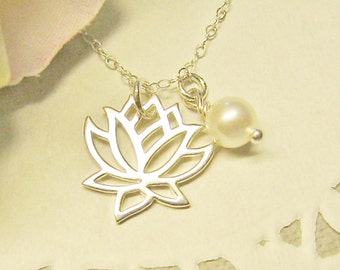 Silver Lotus Necklace and pearl, Bridesmaid Jewelry, Bridesmaid Necklace, Yoga Jewelry