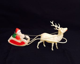 Vintage Santa Claus And Reindeer Sleigh Made In USA Molded Plastic Celluloid Christmas Decor