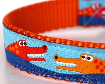 Happy Alligators Dog Collar, Crocodile Adjustable Pet Collar, Preppy Ribbon Dog Collar