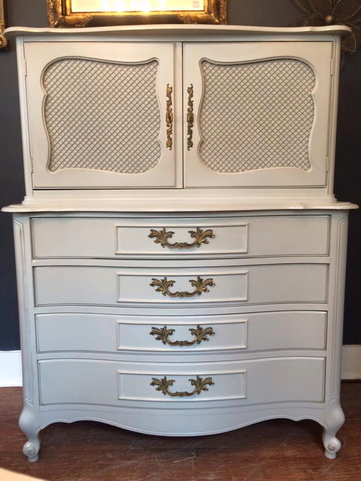 French Provincial Tall Boy Dresser Painted in Coventry Gray with Chalk Paint at One Savvy Design