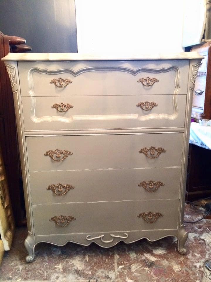 French Provincial Tall Boy Dresser Painted in French Linen Gray with Chalk Paint at One Savvy