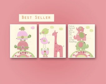 Nursery art prints, Baby girl nursery, Kids decor, children wall art, Turtle, Owl, Elephant, giraffe, Pink, Green, Nursery wall decor print