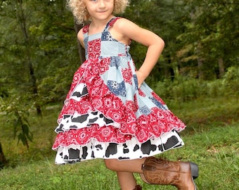 Girls Cowgirl Dress, Girls Western Dress, Girls Ruffle Dress, Girls Dress, Girls Clothing, Rodeo Dress, Cow Print, Pageant Dress