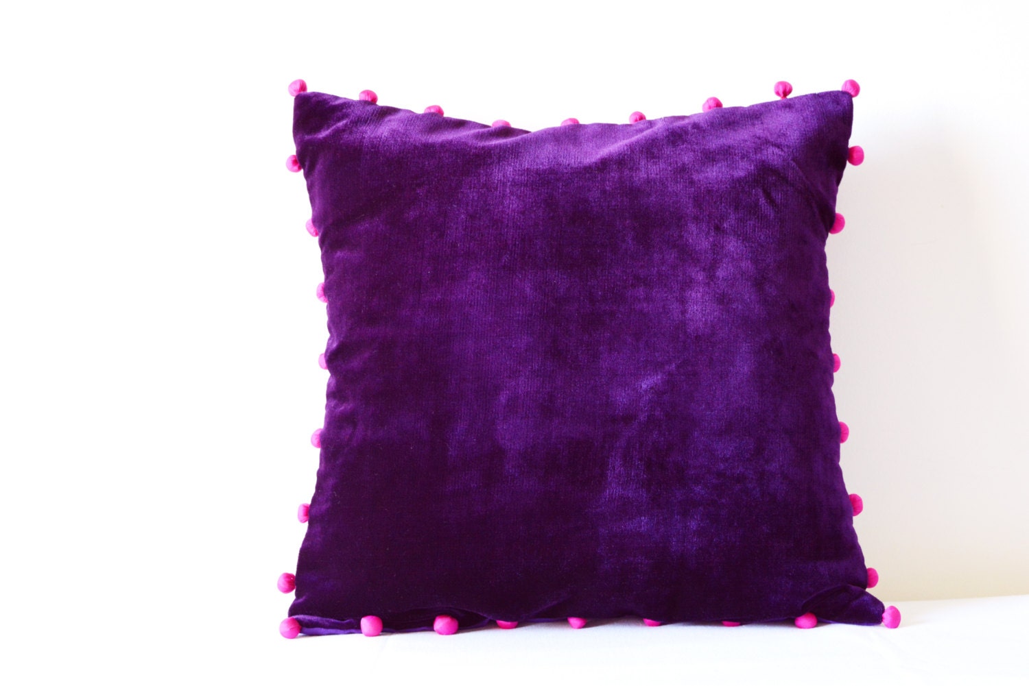  Purple  Velvet  Pillow  with Pink Pom Poms Purple  Velvet 