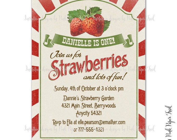 Berry Sweet Vintage Strawberry Invitation, Farm Fresh Strawberry Themed Party Printable Invitation, Berry Sweet Celebration Invitation