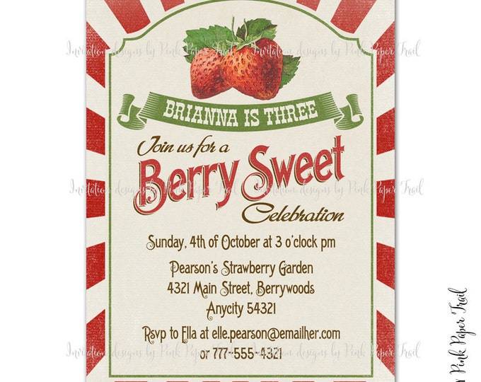 Berry Sweet Vintage Strawberry Invitation, Strawberry Themed Party Invitation, I will customize for you, Digital, Print Your Own