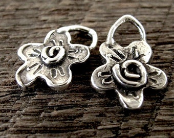 2 Rustic Flower Charms in Sterling Silver - Whimsy Spiral Center AC147
