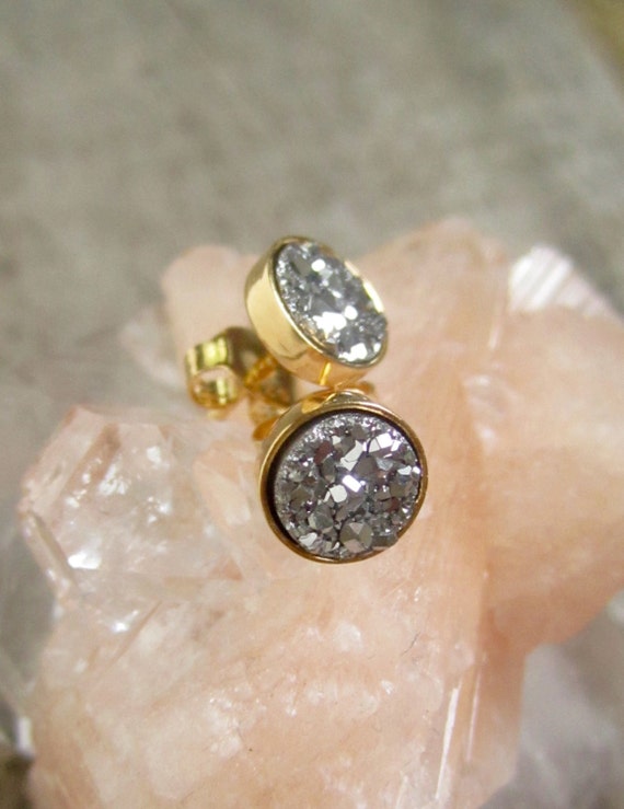Tiny Silver Druzy Studs in Yellow Gold