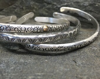 Heavy sterling silver cuff bracelet, Hand Patterned, Bubbles, Leaves, 1/2 Round Cuff Bracelet, Choice of Patterns, 18K Gold, Made in NH