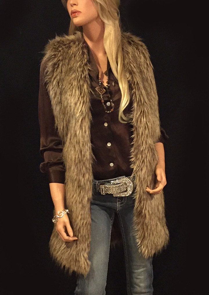 Long Faux Fur Vest In Brown Wolf Style: FVA514