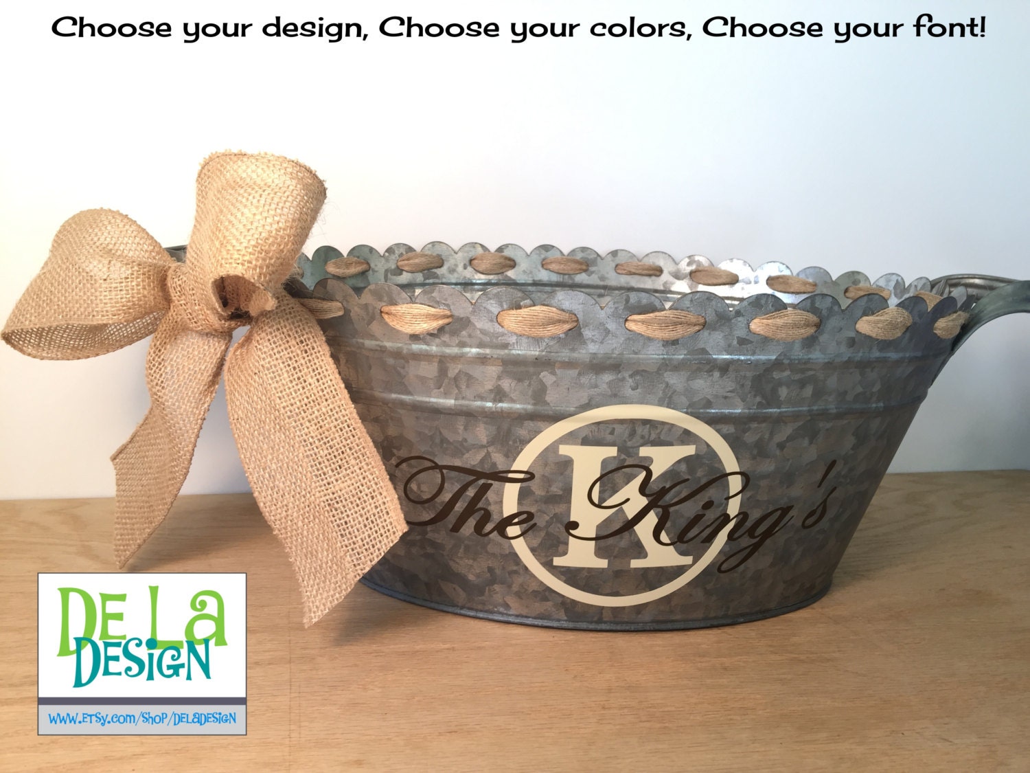 Personalized scalloped oval metal bucket tub galvanized