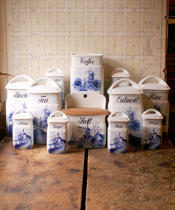 Vintage Delft Blue Ceramic Kitchen Canister Set Blue and