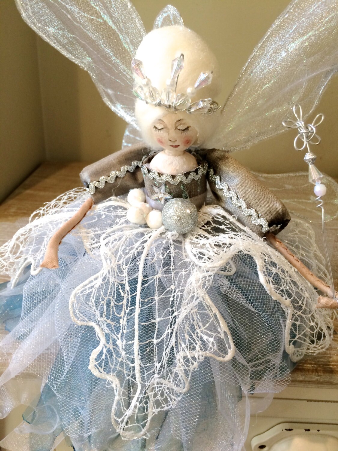 Christmas Tree Top Fairy frosted Blue & Silver