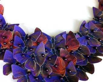 Golden Tone Enamel Flower and Butterfly Bib Statement Necklace Rhinestone Pearl