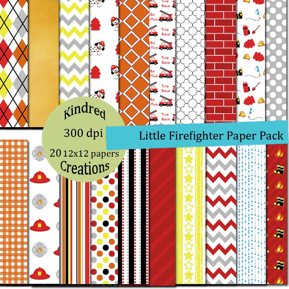 Little Firefighter Paper Pack 12x12 Digital Paper Pack 300 dpi