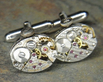 Watch Cuff Links Cufflinks - Torch Soldered - Steampunk Silver Oval Movements w HAMMERED Texture & Original Crowns- Rare Design