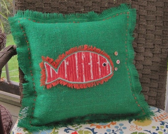 Tropical Fish Pillow Burlap Pillow Nautical Pillow Red Fish on Green Burlap Pillow // Nautical Decor // Nautical Home Decor