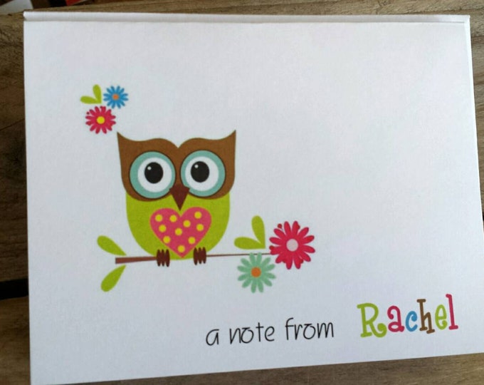 SALE Super Cute Owl Note Cards Stationery Green Pink Brown Owl ~ Thank you cards ~ notes ~ Christmas Polyanna ~ teacher appreciation gift