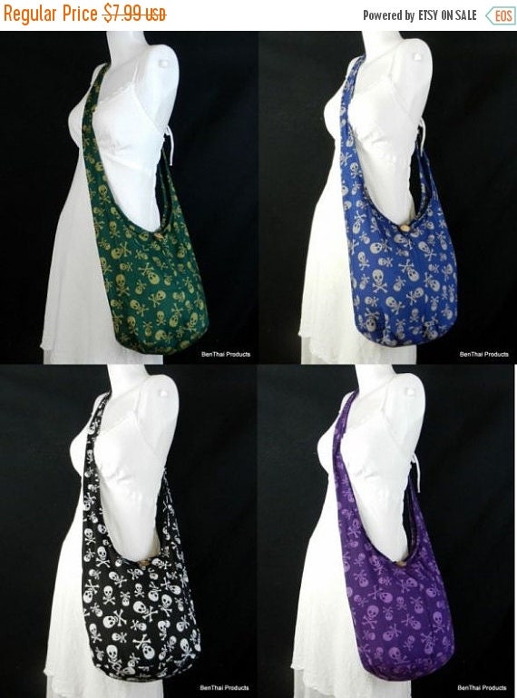 BTP! Skull Pattern Hobo Bag - Black Thai Cotton Crossbody Messenger Purse