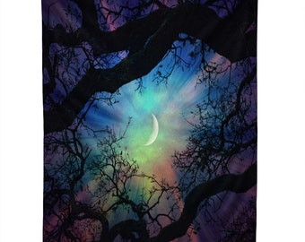 Wall Tapestry. Dorm Wall Decor. Large Wall Art. Starry Night Sky. Stars and Moon Home Decor. Navy Purple. Dreamy. Trees. Surreal Sky. Green