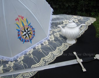 Vibrant Painted Parasol, Rain or Shine, Parasol Name: Journey to a New World, Parasol, Parasols, Victorian Parasol, Lace Parasol, Custom