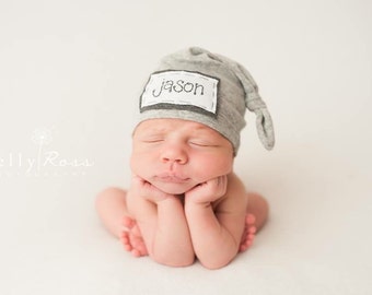 SOFT GREY: Baby Name hat, personalized hat, newborn name hat, photography prop, baby hat, knots, birth announcement, hospital hat
