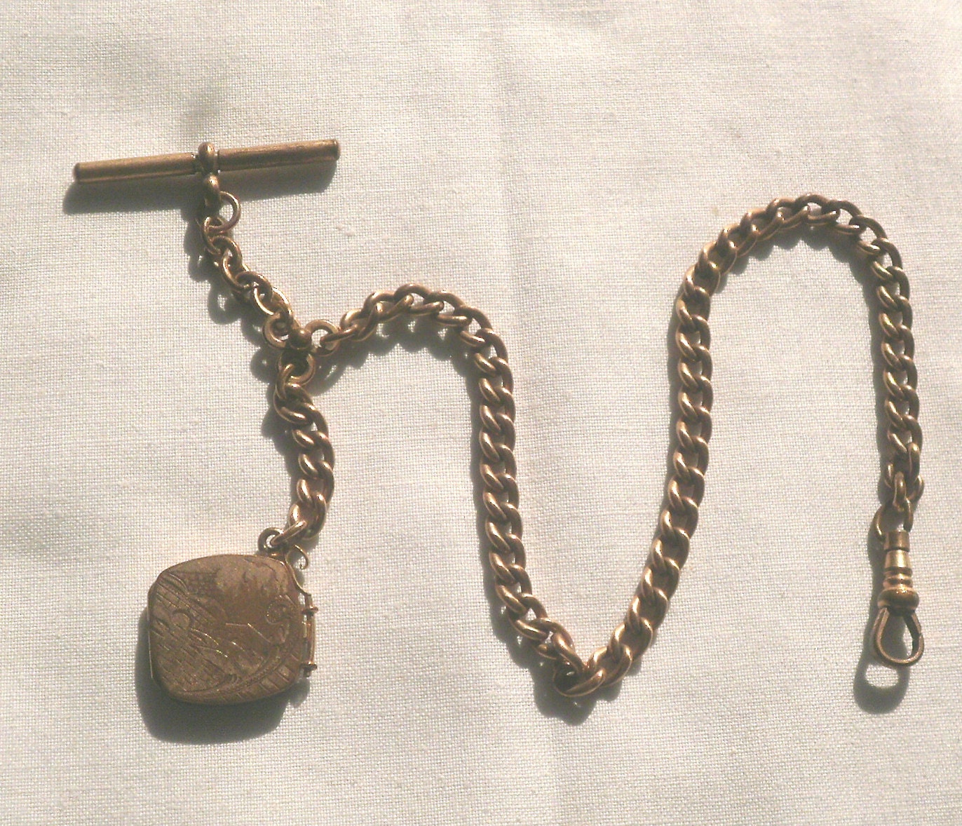 Gold Pocket Watch Chain With T Bar And Locket Fob