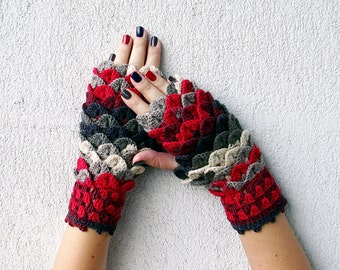 Fingerless gloves Fingerless mittens Knit gloves Girl's wool fingerless gloves Dragon scale gloves in red white grey Goth fingerless gloves